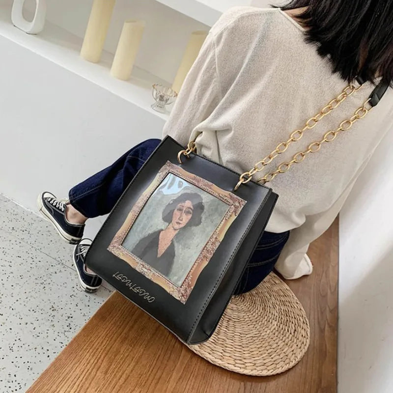 Women Shoulder Bag PU Leather Printed Vintage Oil Painting Pattern Big Handbag
