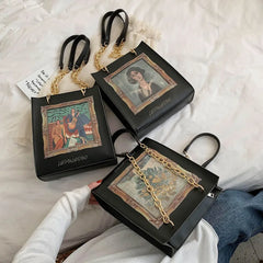 Women Shoulder Bag PU Leather Printed Vintage Oil Painting Pattern Big Handbag