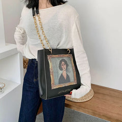 Women Shoulder Bag PU Leather Printed Vintage Oil Painting Pattern Big Handbag