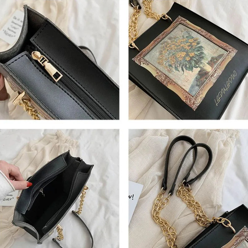 Women Shoulder Bag PU Leather Printed Vintage Oil Painting Pattern Big Handbag