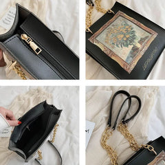 Women Shoulder Bag PU Leather Printed Vintage Oil Painting Pattern Big Handbag