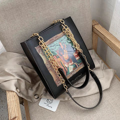 Women Shoulder Bag PU Leather Printed Vintage Oil Painting Pattern Big Handbag