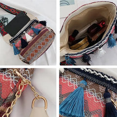 Women Shoulder Bag Purse Ethnic Style Tassel Decor Bucket Bag Crossbody Bags