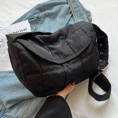 Quilted Cotton Shoulder Bag - Rhombus Pattern Flap Pocket