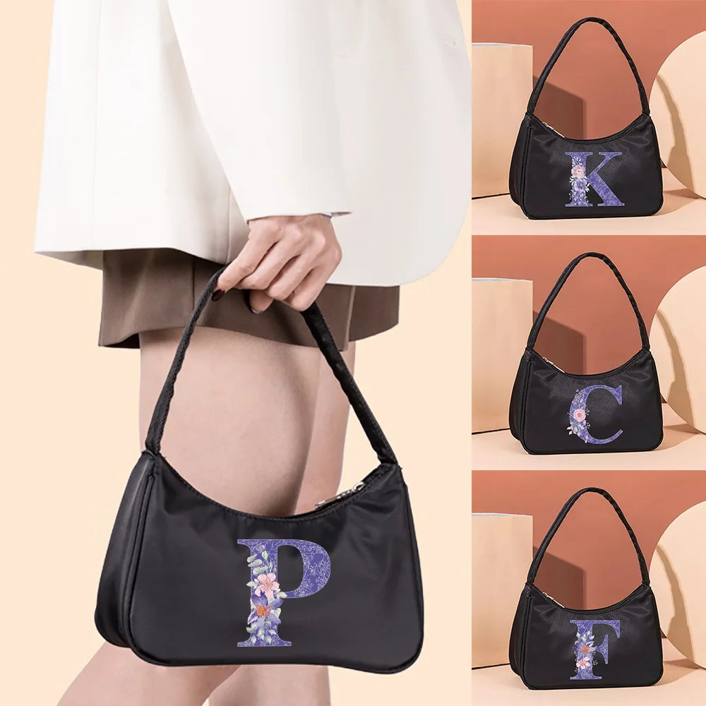 Women Shoulder Bag Retro Handbags Casual Clutches Purple Flower Letter Printed