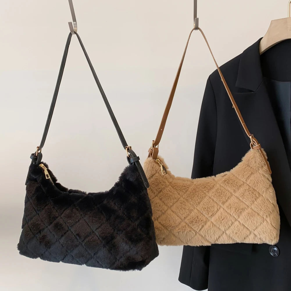 Women Shoulder Bag Rhombus Fluffy Handbag Solid Underarm Bag