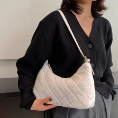 Women Shoulder Bag Rhombus Fluffy Handbag Solid Underarm Bag