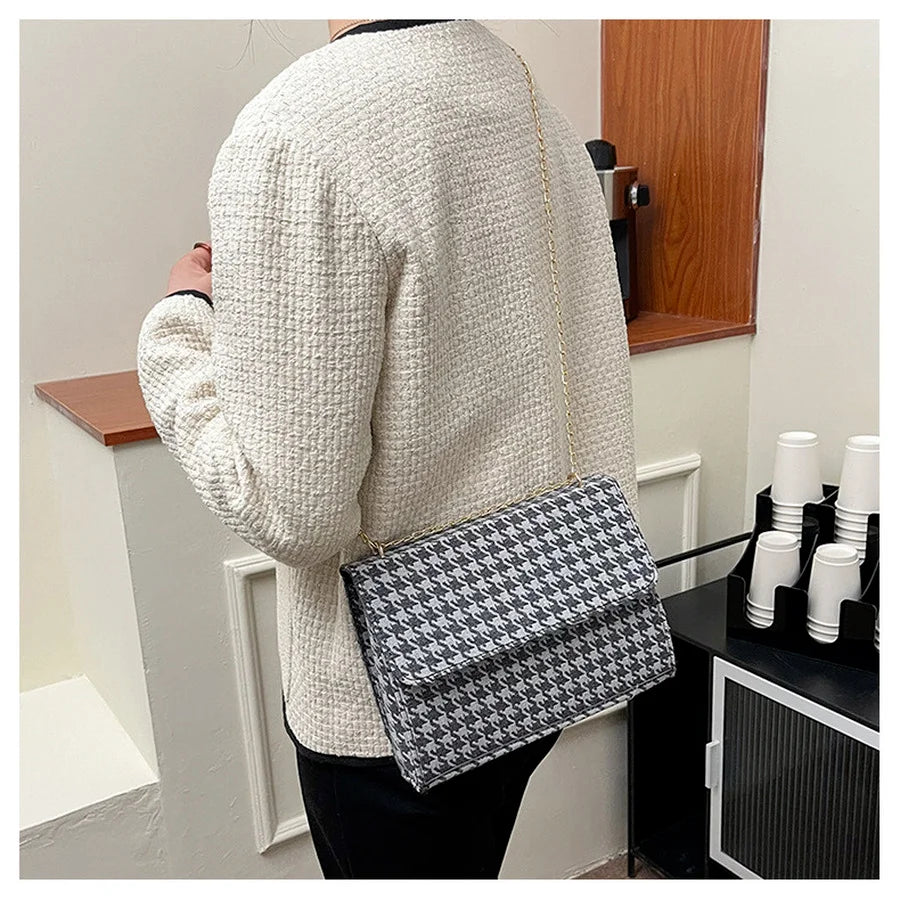 Women Shoulder Bag Houndstooth Square PU Leather Handbag Lock Messenger