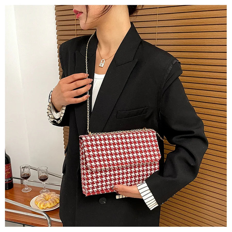 Women Shoulder Bag Houndstooth Square PU Leather Handbag Lock Messenger