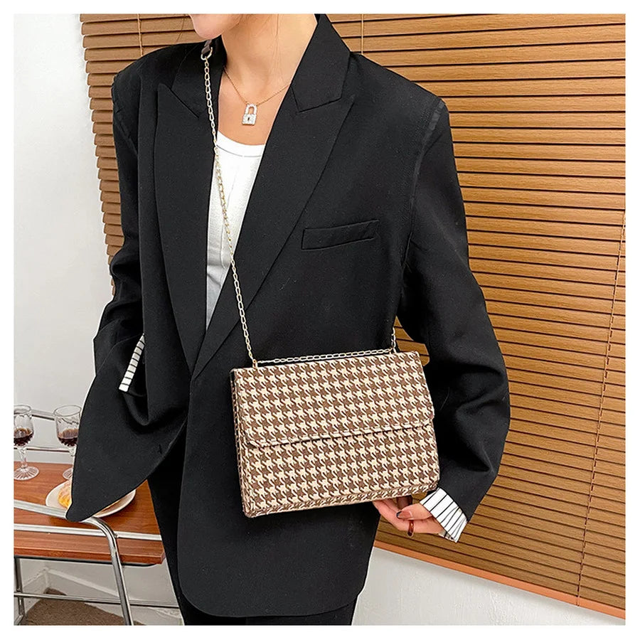 Women Shoulder Bag Houndstooth Square PU Leather Handbag Lock Messenger