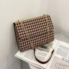 Women Shoulder Bag Houndstooth Square PU Leather Handbag Lock Messenger