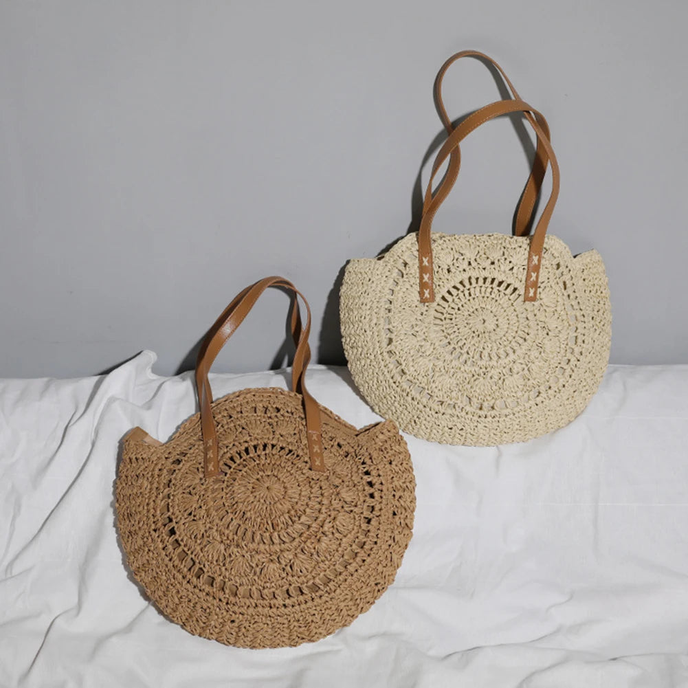 Women Shoulder Bag Summer Straw Woven Hollow out Round Crossbody Bag