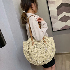 Women Shoulder Bag Summer Straw Woven Hollow out Round Crossbody Bag