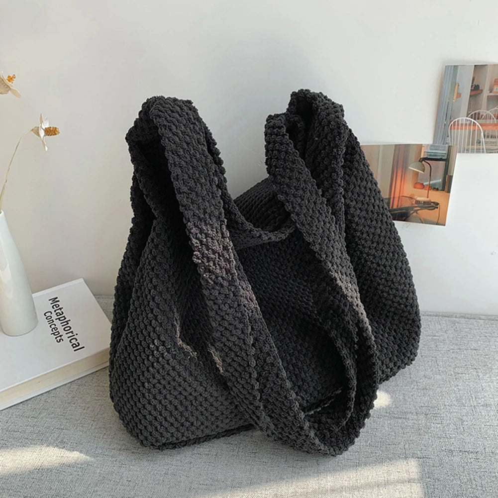 Winter Crochet Shoulder Bag for Women, Casual Solid Handbag for Shopping