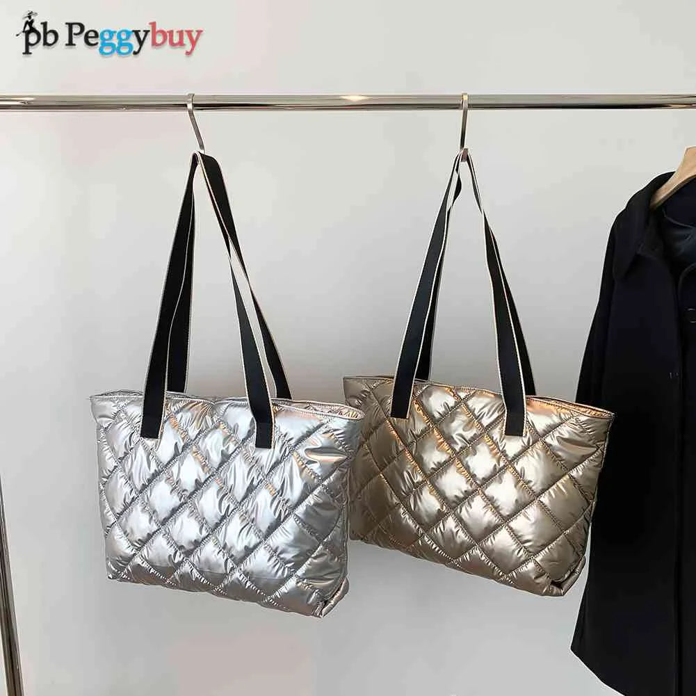 Women Shoulder Bag Winter Quilted Handbag Casual Large Capacity Shopping Tote