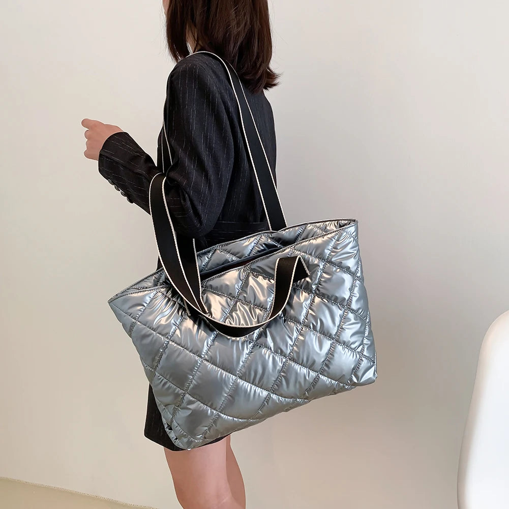 Women Shoulder Bag Winter Quilted Handbag Casual Large Capacity Shopping Tote