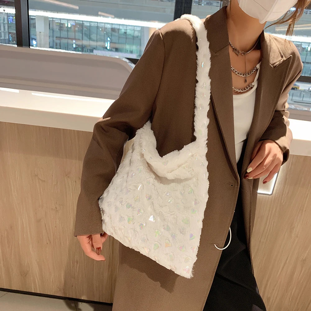 Plush Heart Pattern Shoulder Bag for Women