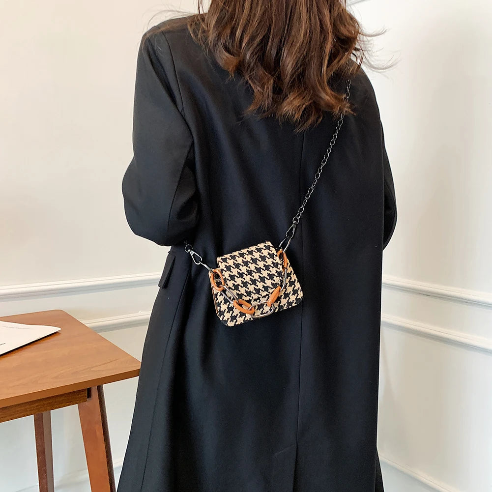 Houndstooth Pattern Woolen Cloth Shoulder Bag for Women