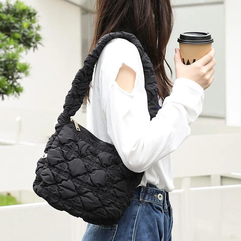 Quilted Hobo Handbag Ruched Small Tote Bag Padded Purse