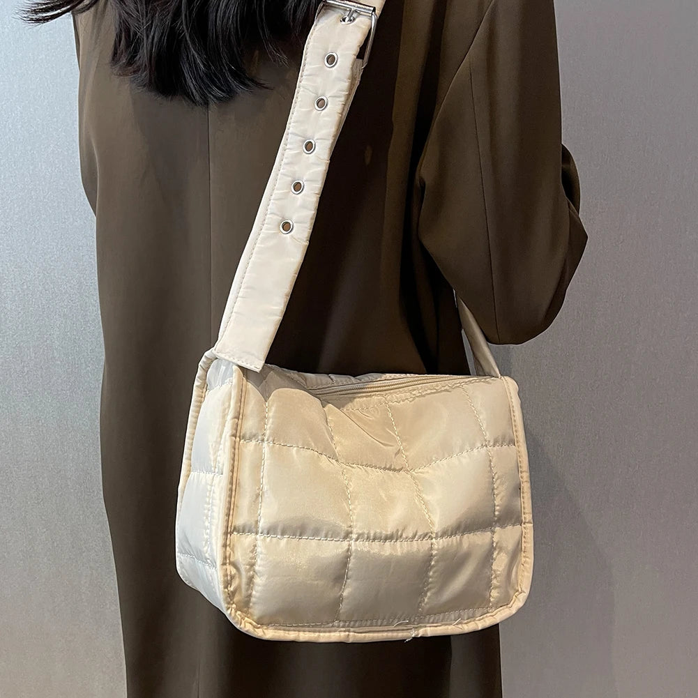 Quilted Cotton Padded Crossbody Bag Wide Strap Messenger Handbag