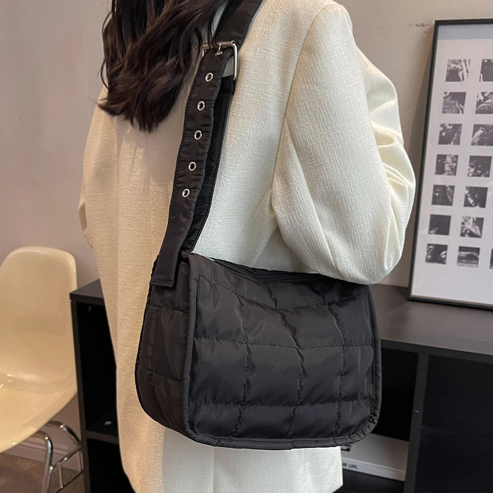 Quilted Cotton Padded Crossbody Bag Wide Strap Messenger Handbag