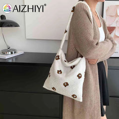 Women's Animal Pattern Plush Shoulder Handbag