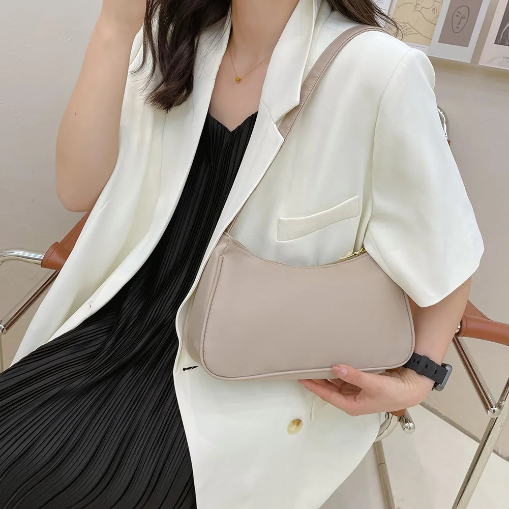 Women Nylon Shoulder Bag Top-handle Clutch Zipper Shopper Handbag Pouch