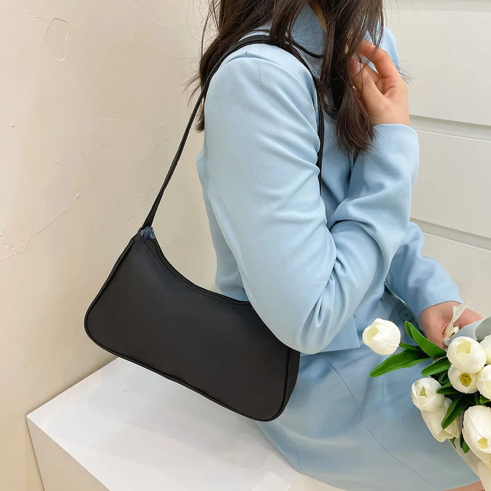 Women Nylon Shoulder Bag Top-handle Clutch Zipper Shopper Handbag Pouch