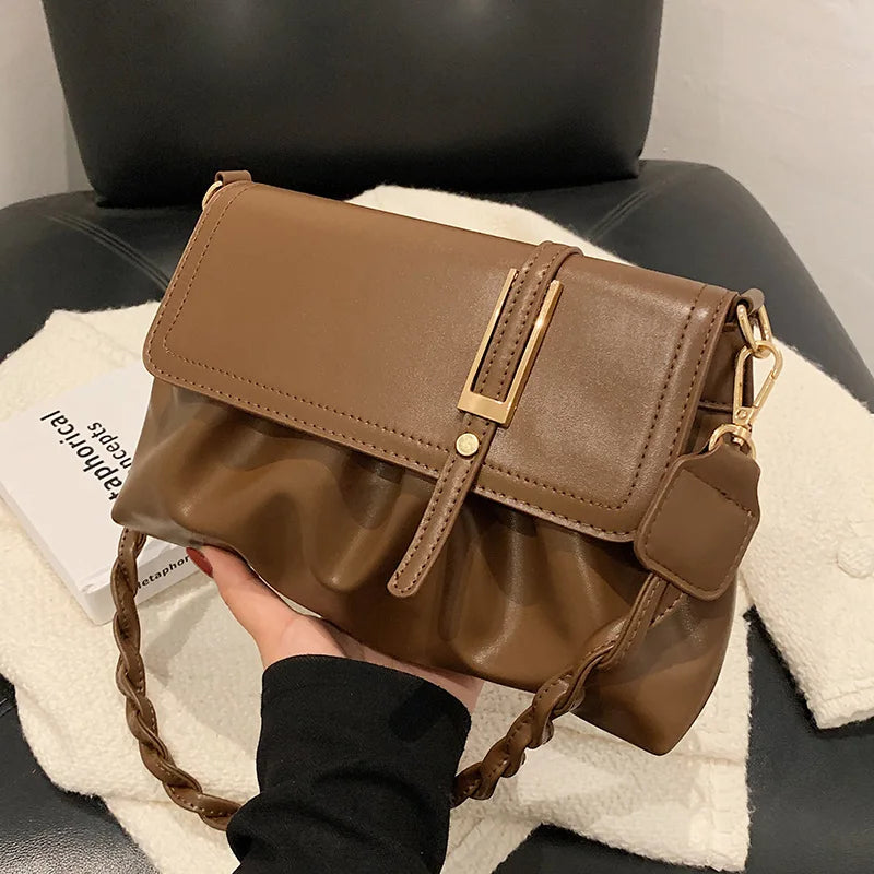 Soft PU Leather Ruched Handbags Weave Chain Female Crossbody Bag