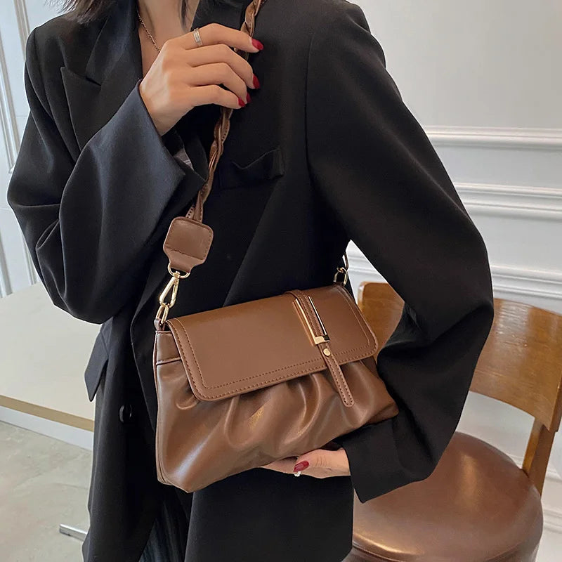 Soft PU Leather Ruched Handbags Weave Chain Female Crossbody Bag