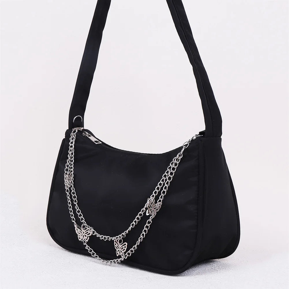 Women Small Shoulder Underarm Bag PU Leather Nylon Vintage Butterfly Ch