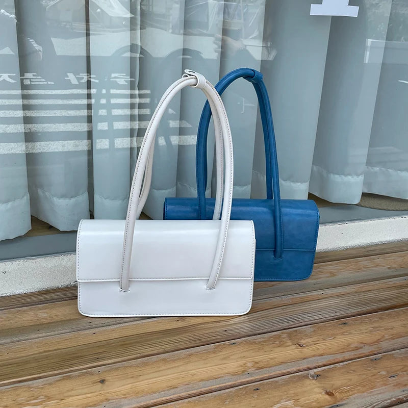 Retro Ladies Small Tote Shoulder Bag Solid PU Leather Female Underarm Bags