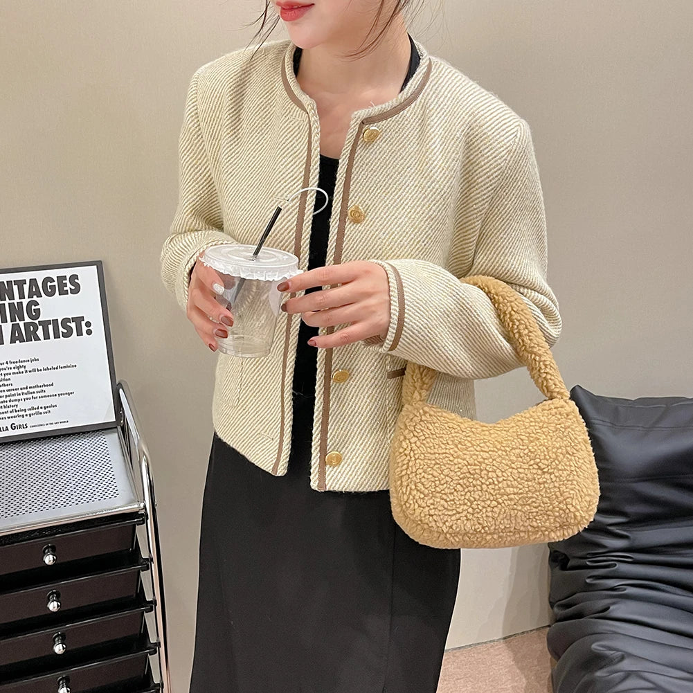 Soft Plush Hand Bag Casual Shopper Bags Small Travel Bag Warm Fluffy Tote Bags