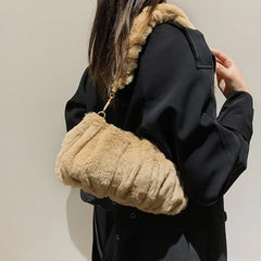 Women Soft Plush Hobos Underarm Bags Winter Autumn Fluffy Shoulder Handbags