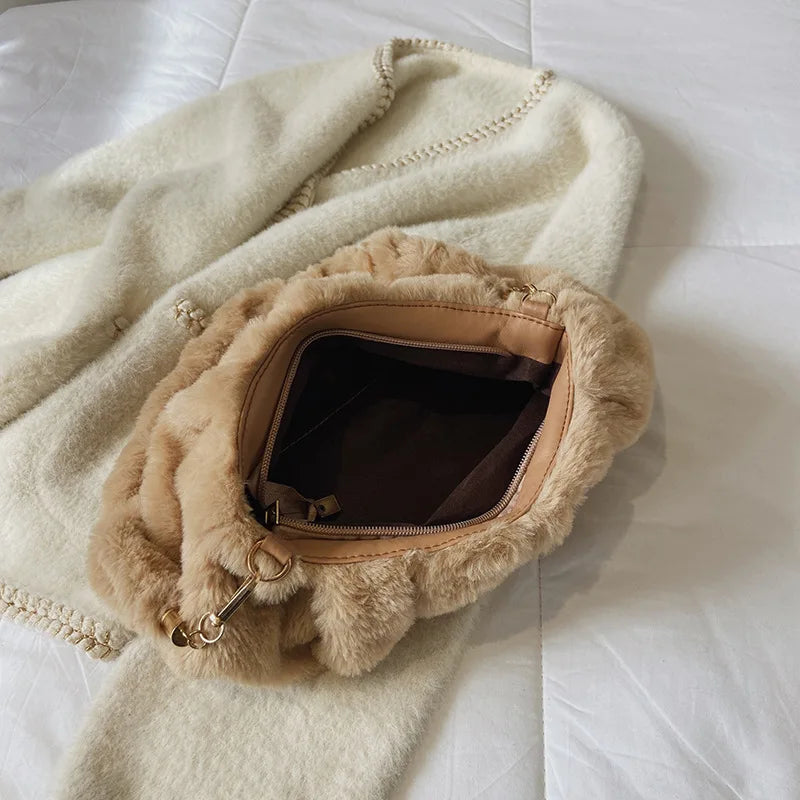 Women Soft Plush Hobos Underarm Bags Winter Autumn Fluffy Shoulder Handbags