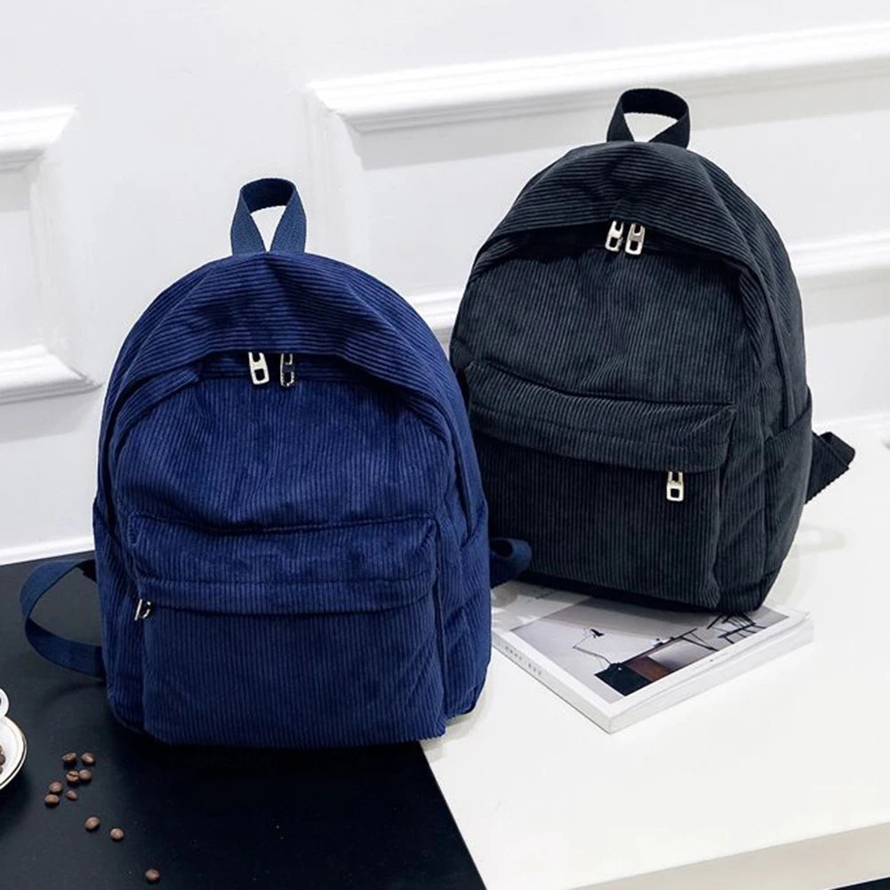 Solid Corduroy Knapsack Zipper Shoulder Backpack