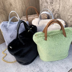 Plush Bucket Bag Faux Fur Shoulder Bag Large Capacity Fluffy Chain Bags