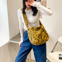 Winter Plush Crossbody Bag Leopard Shoulder Tote Small Purse