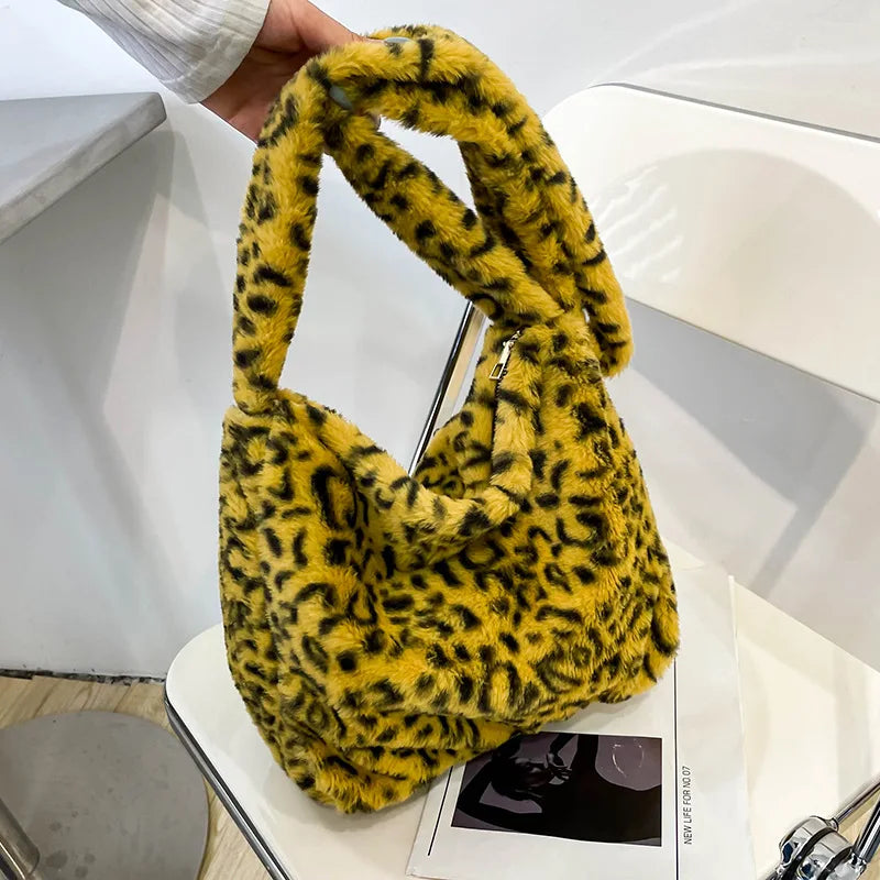 Winter Plush Crossbody Bag Leopard Shoulder Tote Small Purse