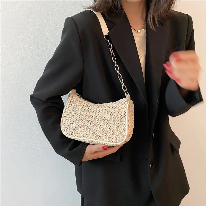Straw Weave Shoulder Underarm Bag Zipper Summer Beach Tote Handbags