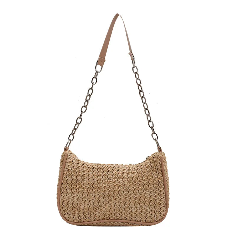 Straw Weave Shoulder Underarm Bag Zipper Summer Beach Tote Handbags