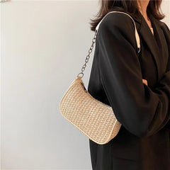 Straw Weave Shoulder Underarm Bag Zipper Summer Beach Tote Handbags