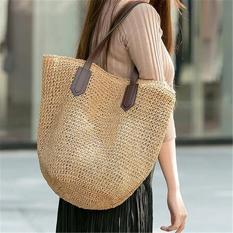 Straw Woven Shoulder Bag Vintage Summer Tote Handbag