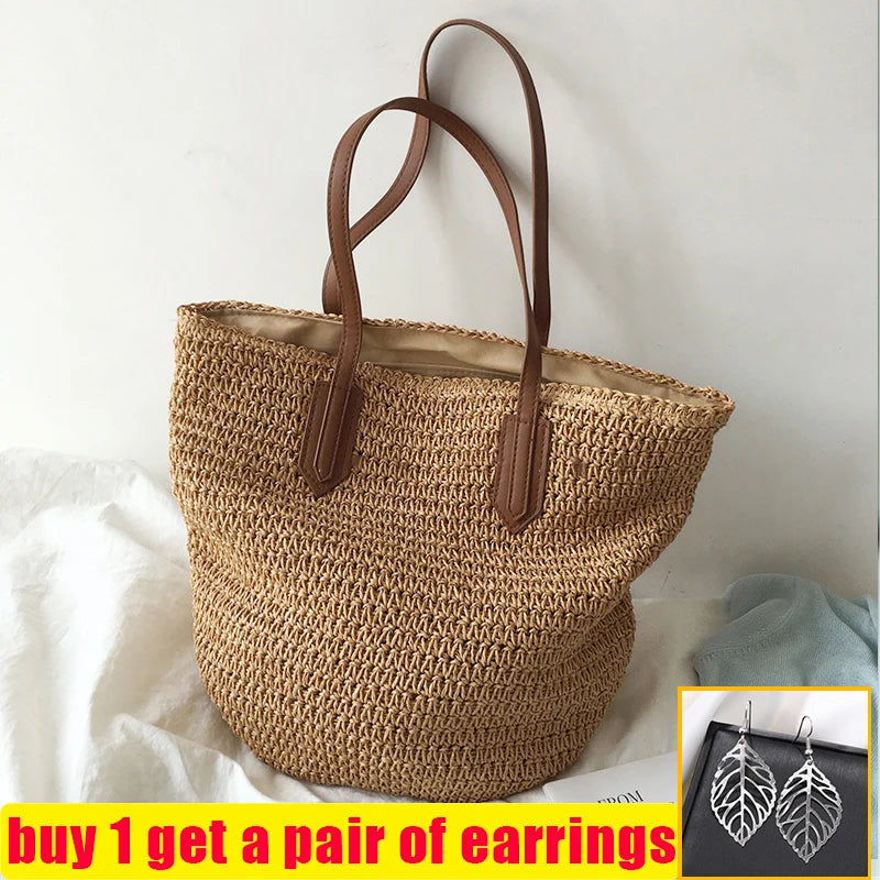 Straw Woven Shoulder Bag Vintage Summer Tote Handbag
