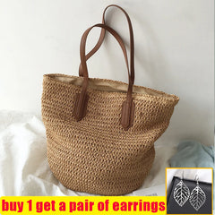 Straw Woven Shoulder Bag Vintage Summer Tote Handbag