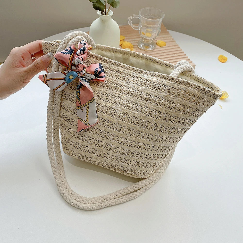 Straw Woven Ribbon Silk Scarf Shoulder Bag Casual Beach Crossbody Handbag