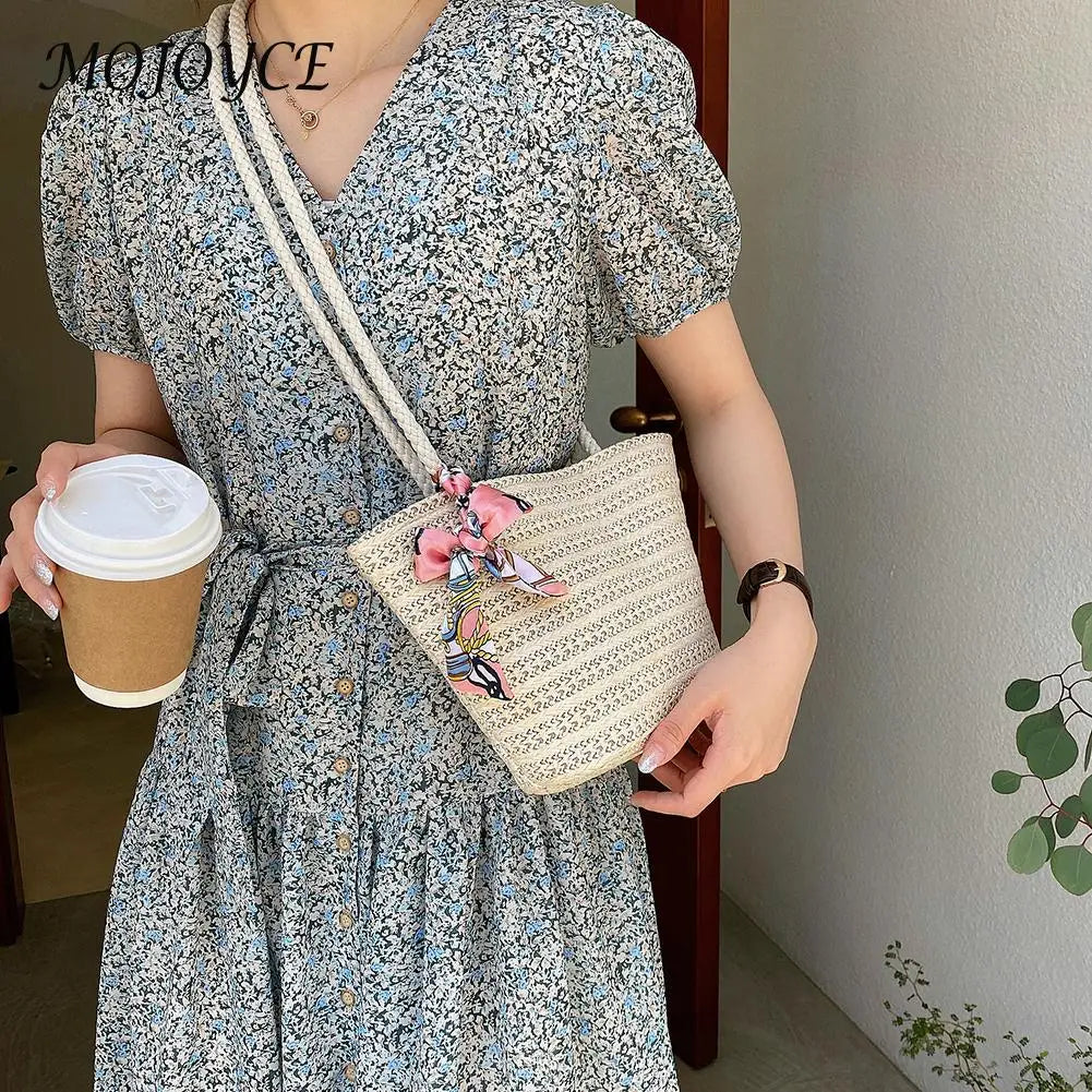 Straw Woven Ribbon Silk Scarf Shoulder Bag Casual Beach Crossbody Handbag