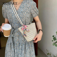 Straw Woven Ribbon Silk Scarf Shoulder Bag Casual Beach Crossbody Handbag