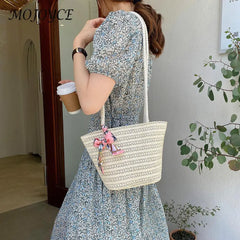 Straw Woven Ribbon Silk Scarf Shoulder Bag Casual Beach Crossbody Handbag