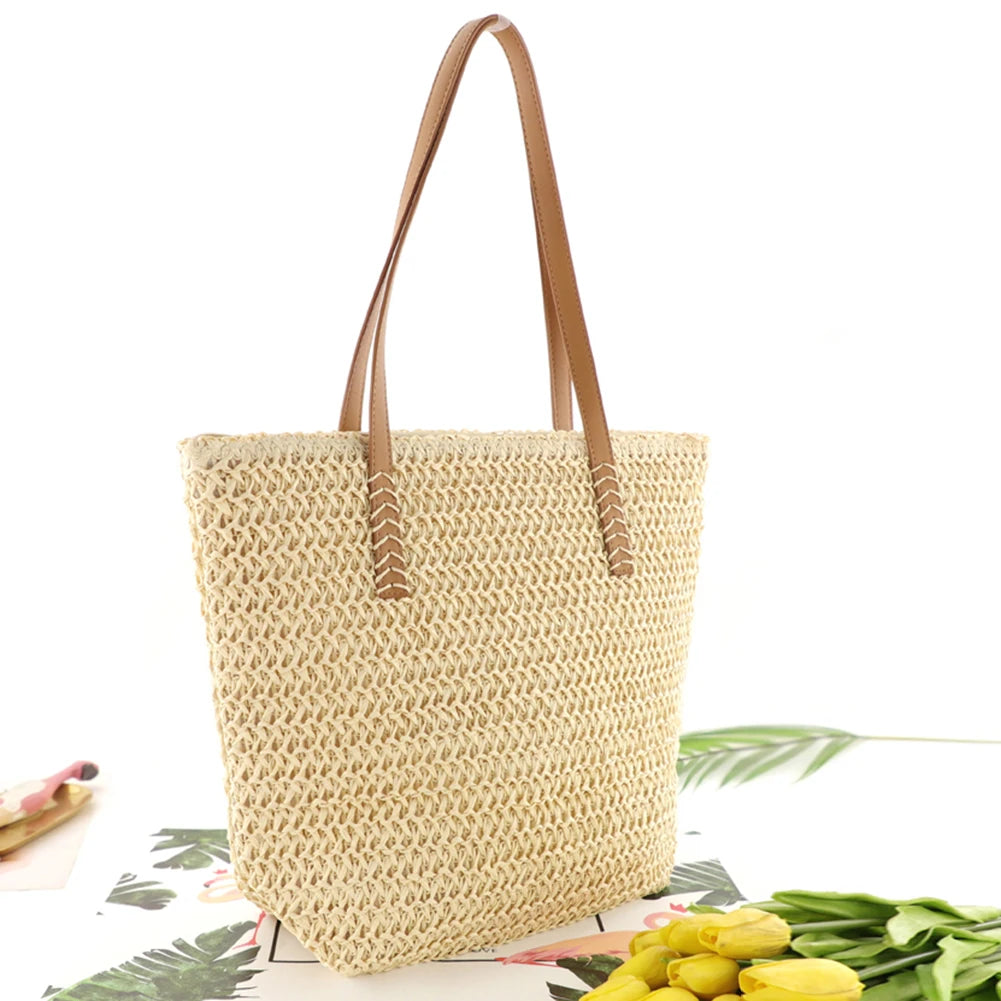 Women Summer Hand-woven Tote Bags Solid Travel Handbags Ladies Sea Beach